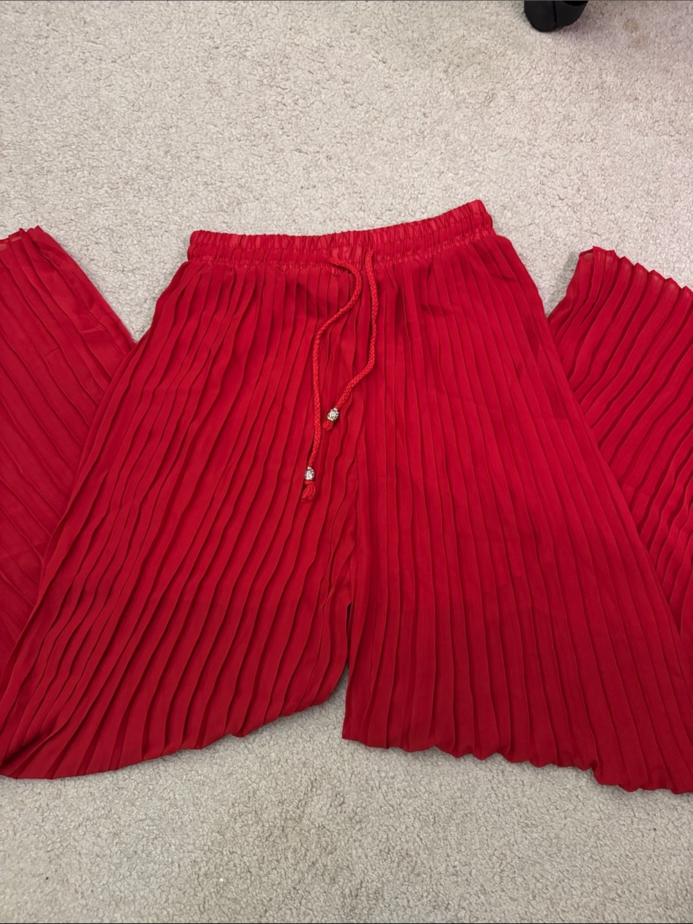 Pleated Wide-Leg Pull-On Pants in Red
